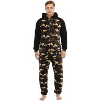 Autumn and winter mens hooded double-sided velvet camouflage jumpsuit home wear pajamas youth long sleeve zipper solid color