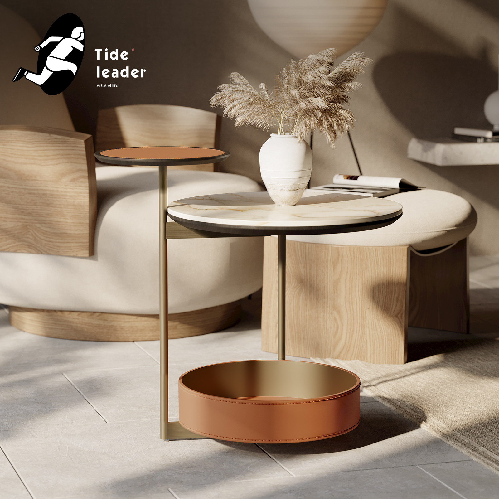 Beister Saddle Leather Sofa Side Table Light Luxury Nordic Style Living Room Small Coffee Table Simple Modern Art Rock Slab Corner Table