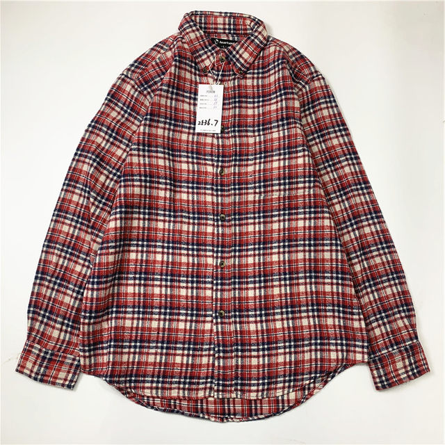 Plaid coat color matching vintage Japanese retro loose long-sleeved unisex workwear versatile shirt 2536