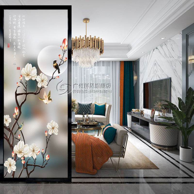 Modern simple embossed tempered sound insulation frosted translucent art glass partition Living room entrance double-sided Magnolia screen