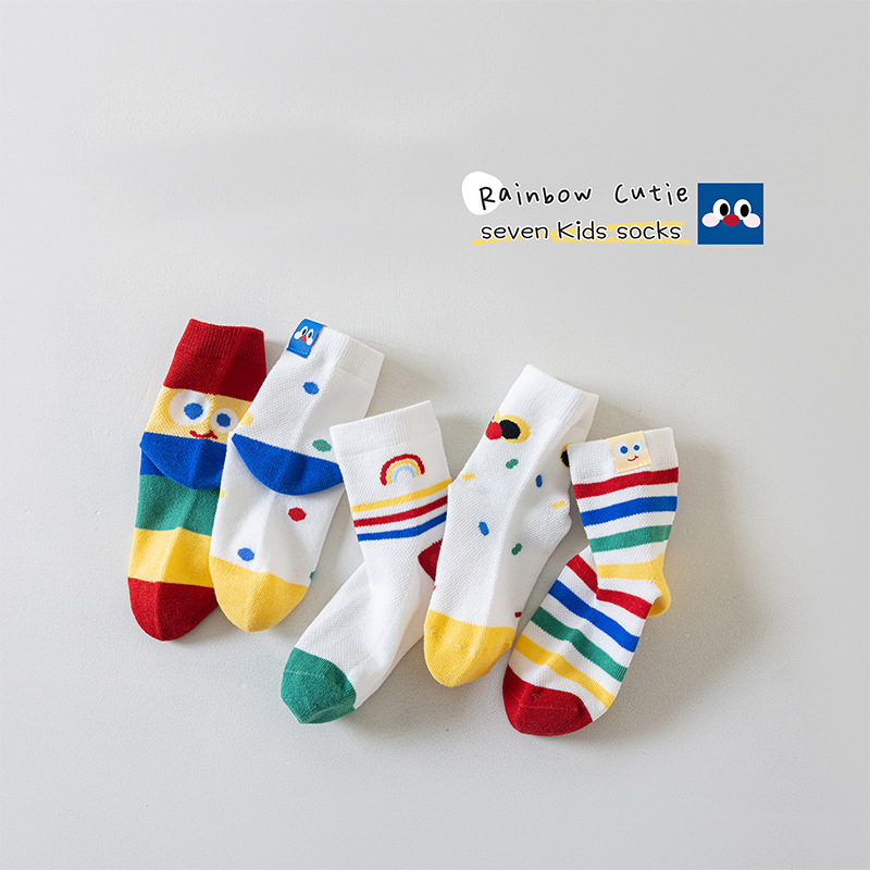 Children's Socks Spring and Summer Thin Rainbow Striped Polka Dot Mesh Socks for Boys and Girls Cartoon Seamless Breathable Mid-Tube Cotton Socks
