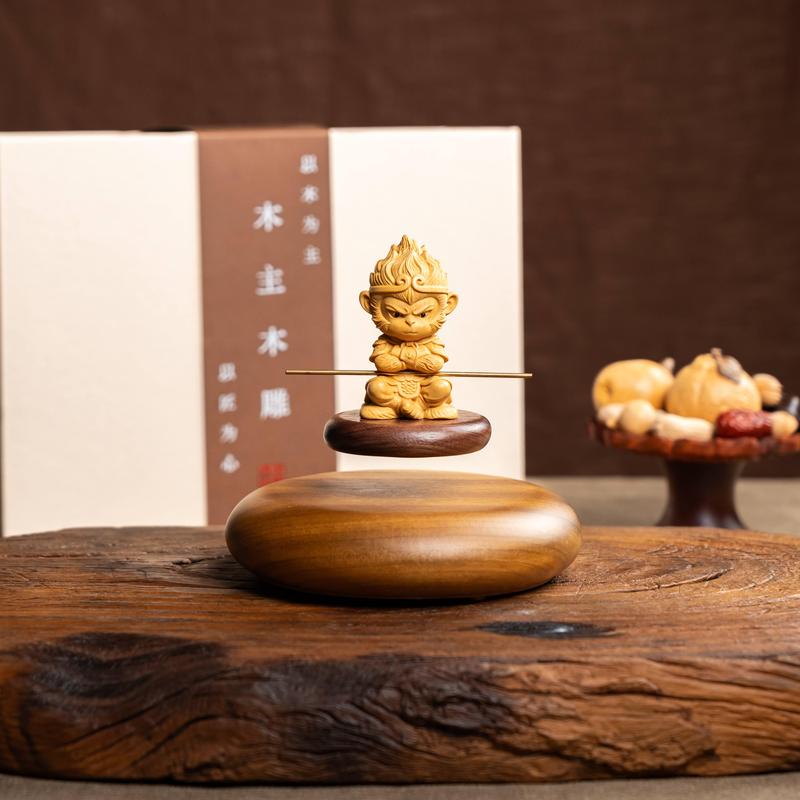 Magnetic Levitation Solid Wood Carving of the Peerless Monkey King Sun Wukong, Floating and Rotating Office Decoration, Gift