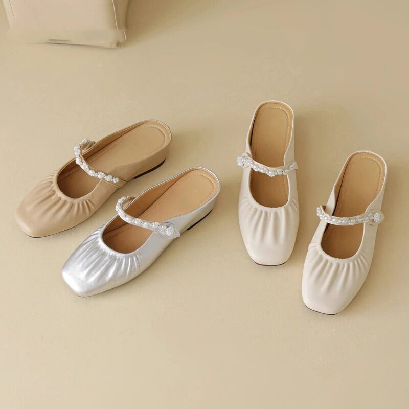 French-Style Pleated Pearl Mary Jane Slip-On Sandals for Women with Hidden Height Increase, Shallow Mouth, Slip-On, Lazy Style, Half-Heel, Suitable for Outdoor Wear, Evening Breeze Style