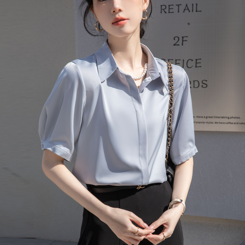 Silk Satin Short-Sleeved Shirt for Women, Summer High-End Luxury, High-End Mulberry Silk Professional Interview White Shirt Top