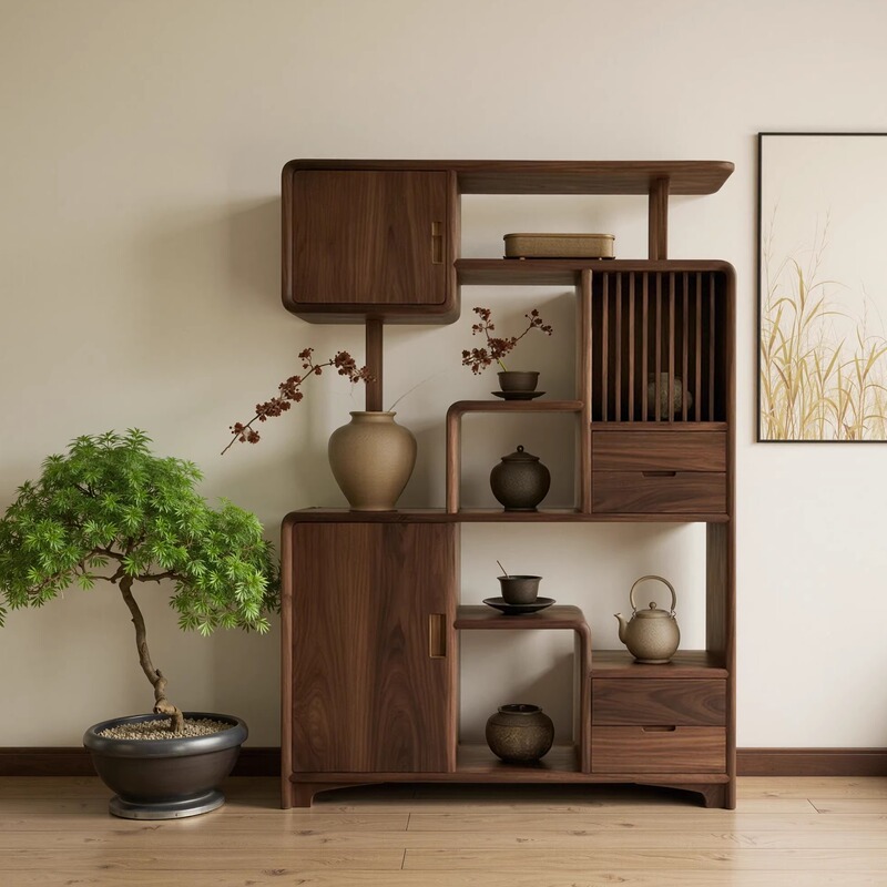 2026 New Black Walnut Wood Display Cabinet Office Living Room High-End Vintage Style Decorative Storage Cabinet Tea Room