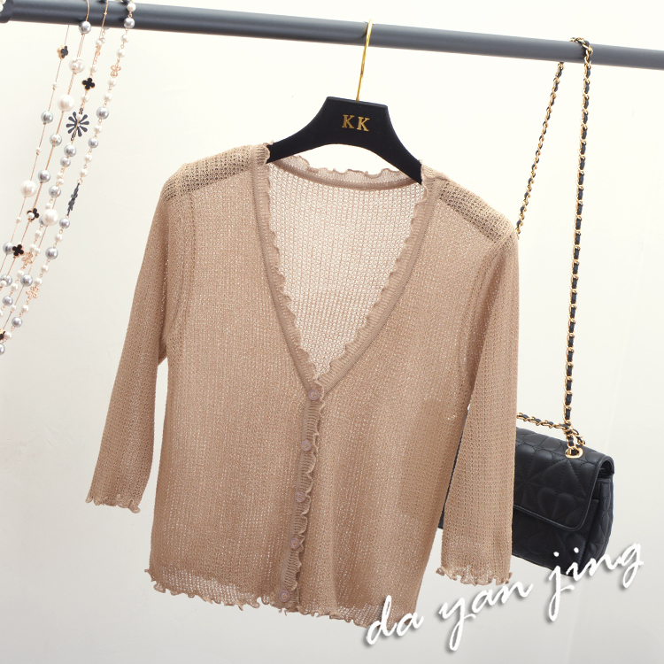 2018 mùa hè mới Hàn Quốc phiên bản của V-Cổ bên ngoài ngắn ice silk knit cardigan phần mỏng kem chống nắng khăn choàng áo khoác nữ áo kiểu nữ