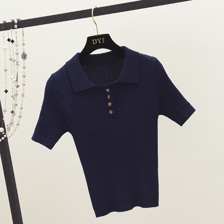 Hàn quốc phiên bản của V-cổ retro ve áo skinny slim màu rắn dệt kim ngắn tay POLO áo sơ mi Mỏng áo thun áo sơ mi mùa hè sinh viên áo phông nữ đẹp