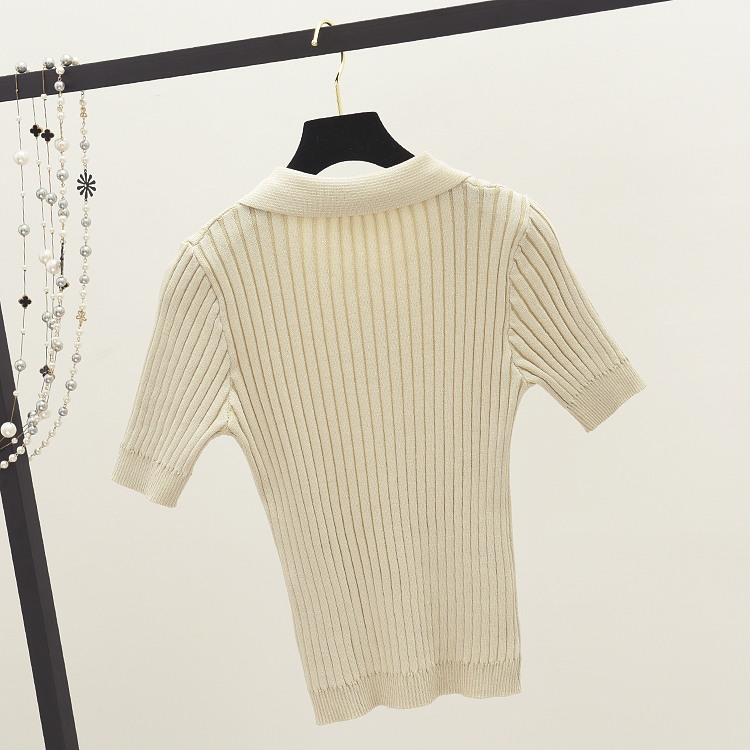 Hàn quốc phiên bản của V-cổ retro ve áo skinny slim màu rắn dệt kim ngắn tay POLO áo sơ mi Mỏng áo thun áo sơ mi mùa hè sinh viên áo phông nữ đẹp