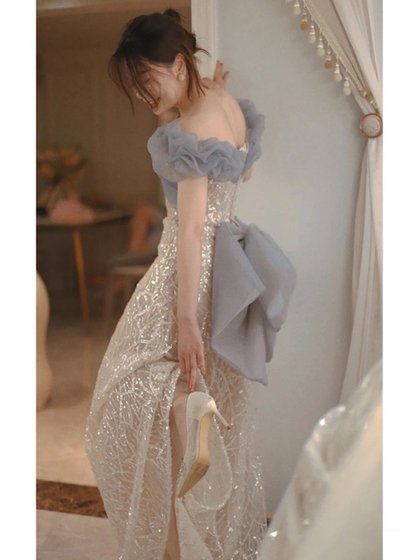 鱼尾晚礼服2024春季一字肩亮片仙气质新娘敬酒服派对主持人礼服裙