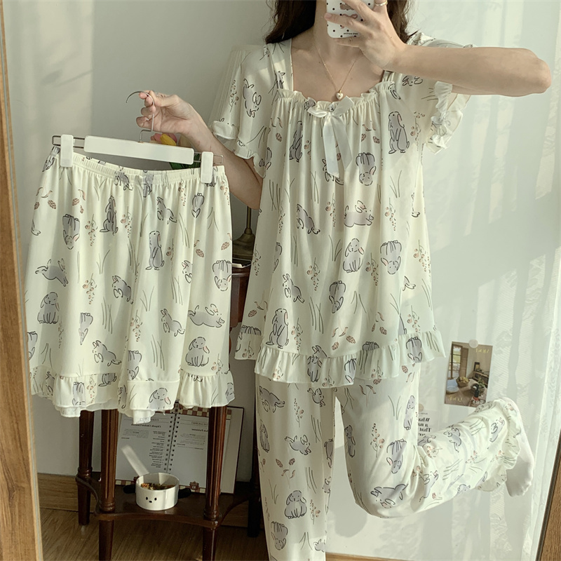 Summer Pajamas for Women, Ice Silk Short-Sleeved Three-Piece Set, Extra Large Size for Fat Girls 150kg Thin Style Sweet Princess Style Home Clothes Summer Pajamas for Women, Ice Silk Short-Sleeved Three-Piece Set, Extra Large Size for Fat Girls 150kg Thin Style Sweet Princess Style Home Clothes