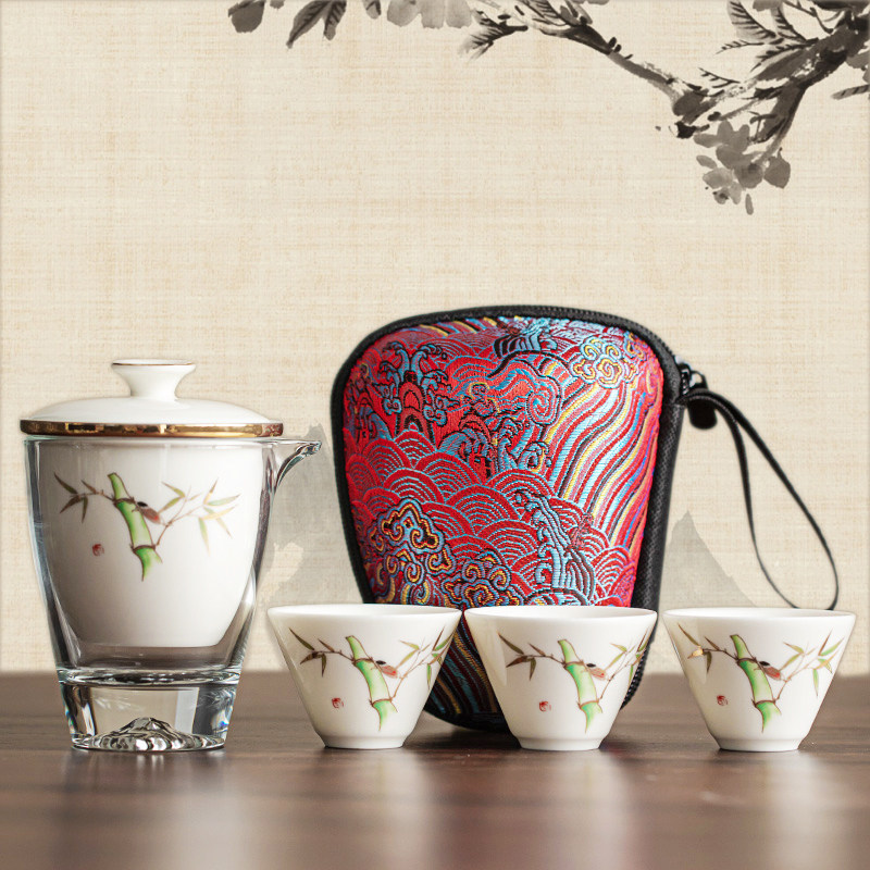 Suet-fat jade ceramic travel tea set, one pot and three cups, bamboo section, portable kung fu tea set, white porcelain set