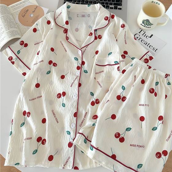 纯棉纱布睡衣女夏季短袖短裤套装甜美樱桃女士款可外穿开衫家居服