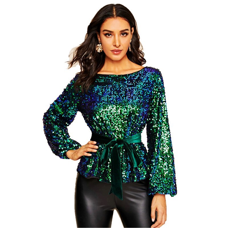 Cross-Border European and American Style Velvet Belt Waist-Cinching Slim-Fit Women's Full Sequin Fashion Pullover Long-Sleeve Top