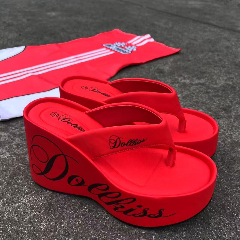 Dollkiss Original Hot Girl Style Floral Print Thick-Soled 10cm Height-Increasing Flip-Flops