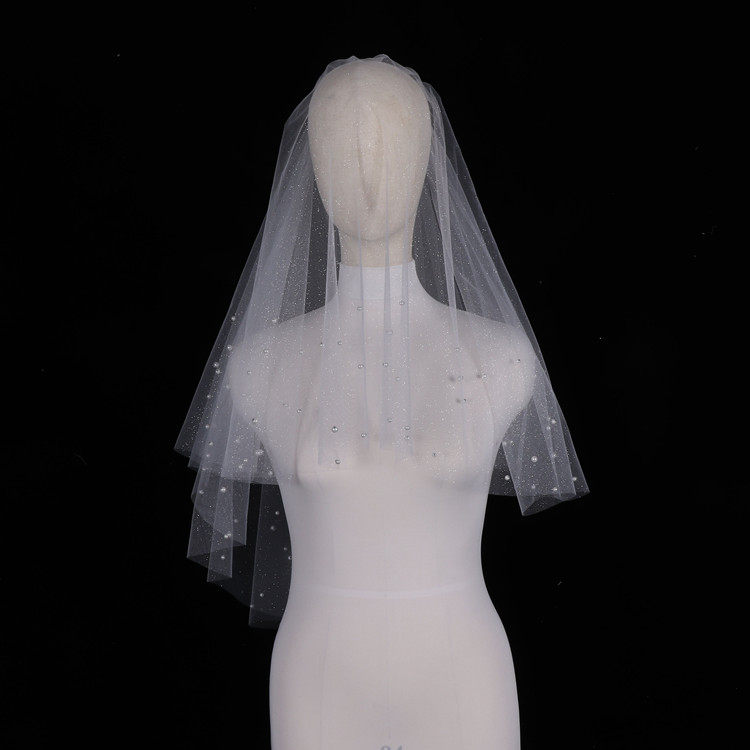 (Sparkling Nail beads) Luminous Bride wedding with white headwear only beauty pearl short double layer of covered face veil