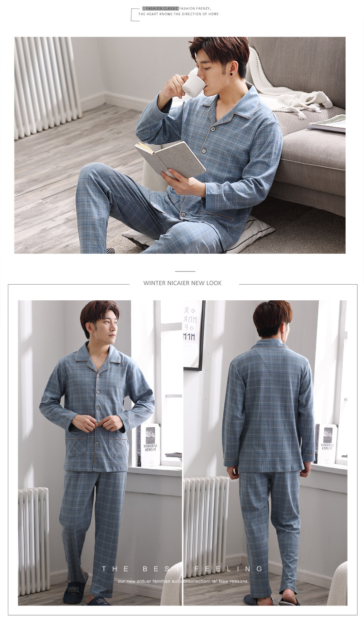 Bộ đồ ngủ mùa thu nam tay dài cotton mùa xuân và mẫu mùa thu nam cotton trung niên nam thanh niên kích thước lớn phù hợp với dịch vụ nhà quần ngủ nam dài