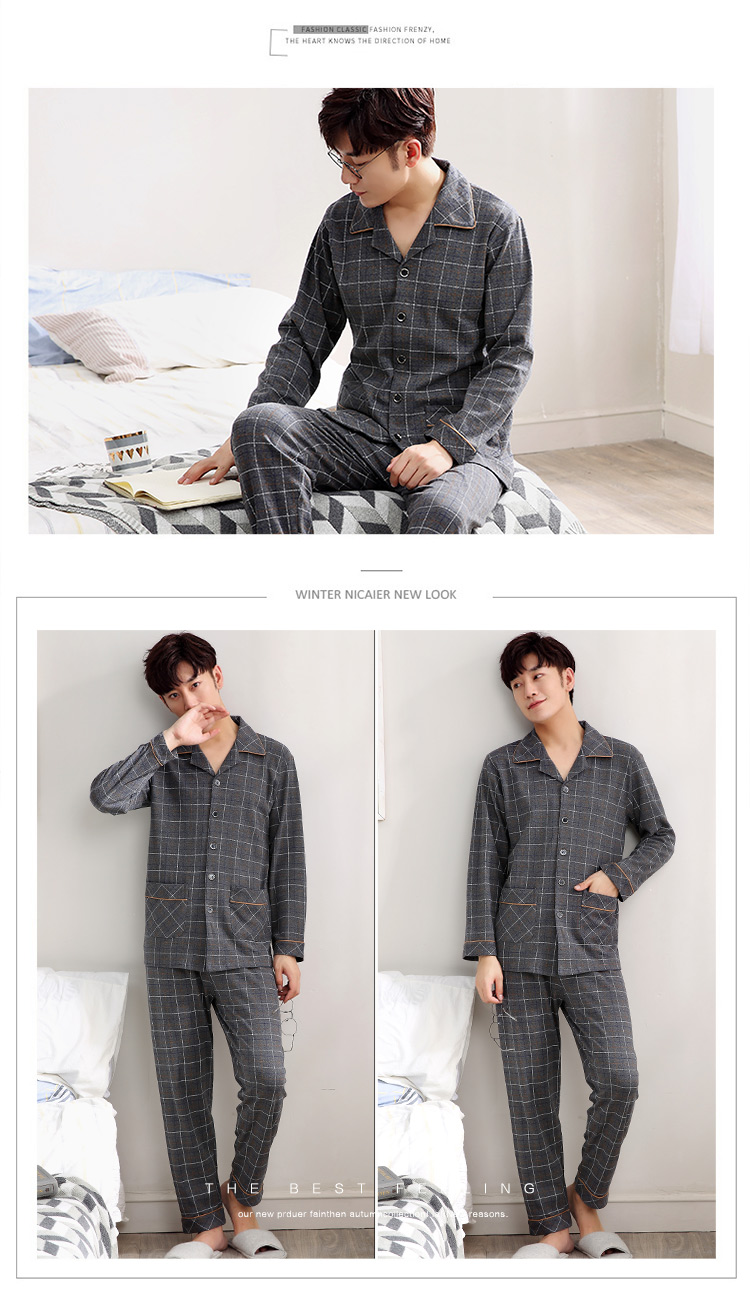 Bộ đồ ngủ mùa thu nam tay dài cotton mùa xuân và mẫu mùa thu nam cotton trung niên nam thanh niên kích thước lớn phù hợp với dịch vụ nhà quần ngủ nam dài