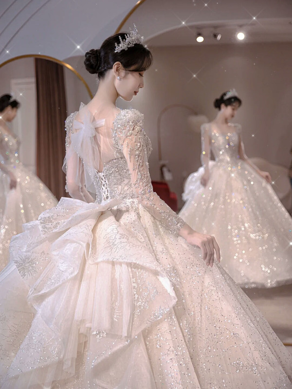 Main Wedding Dress 2023 New Bride Wedding Heavy French Style Pregnant Women High-End Small Gauze Going Out Long-Sleeved One-Shoulder Main Wedding Dress 2023 New Bride Wedding Heavy French Style Pregnant Women High-End Small Gauze Going Out Long-Sleeved One-Shoulder