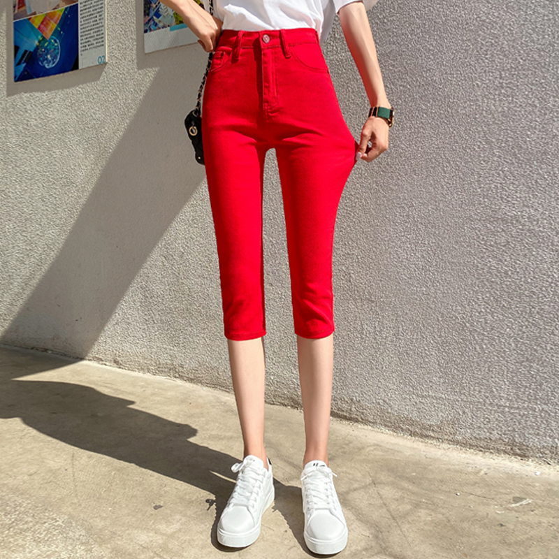 2023 New Red Summer Thin Korean Style Women's Pants, Slim-Fit Leggings, Cropped Denim Pants, Slimming Mid-Length Pants
