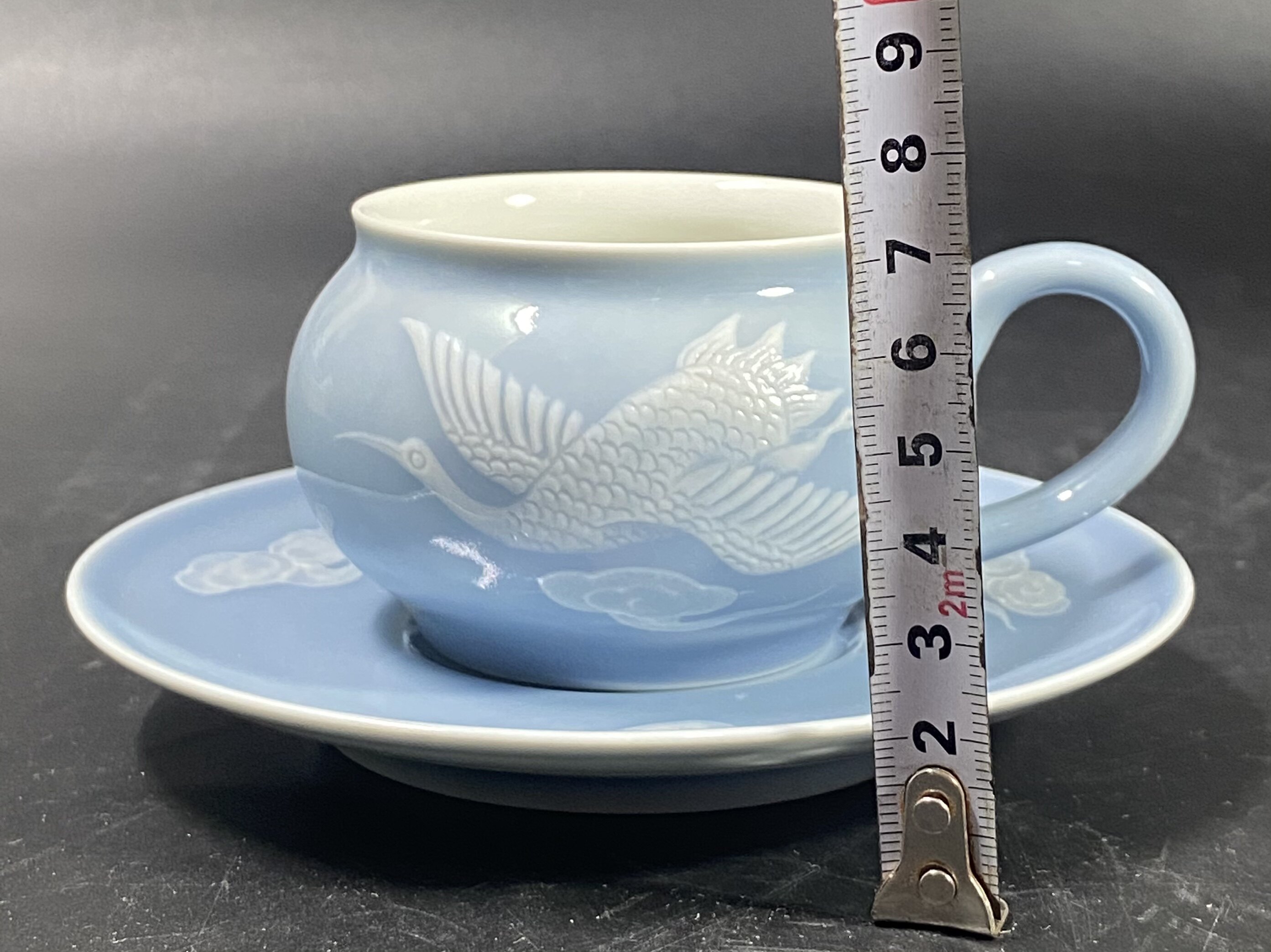 чашка 567精品陶瓷柴窑烧制天青釉堆白祥云仙鹤纹套杯咖啡杯碟茶杯
