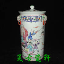 Jingdezhen Cultural Revolution Factory goods porcelain pastel hand-painted characters multi-son multi-fu three Lions Ear cover jar tea jar storage