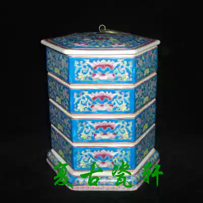 Jingdezhen Cultural Revolution Factory goods porcelain pastel hand-painted blue bottom wrapped branches hexagonal stacked box multi-layer tea fruit box collection