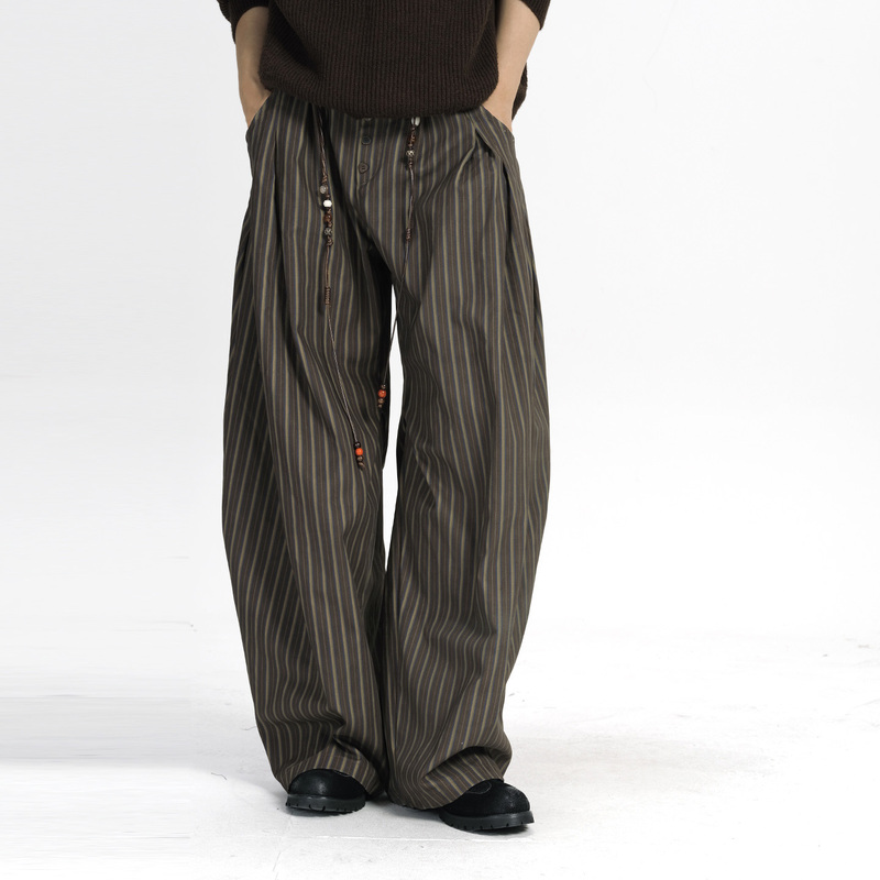 Ixoh Old Money Style Retro Striped Casual Pants Men's Autumn and Winter Wide-Leg Dress Pants Relaxed Fit Wear Scimitar Trousers