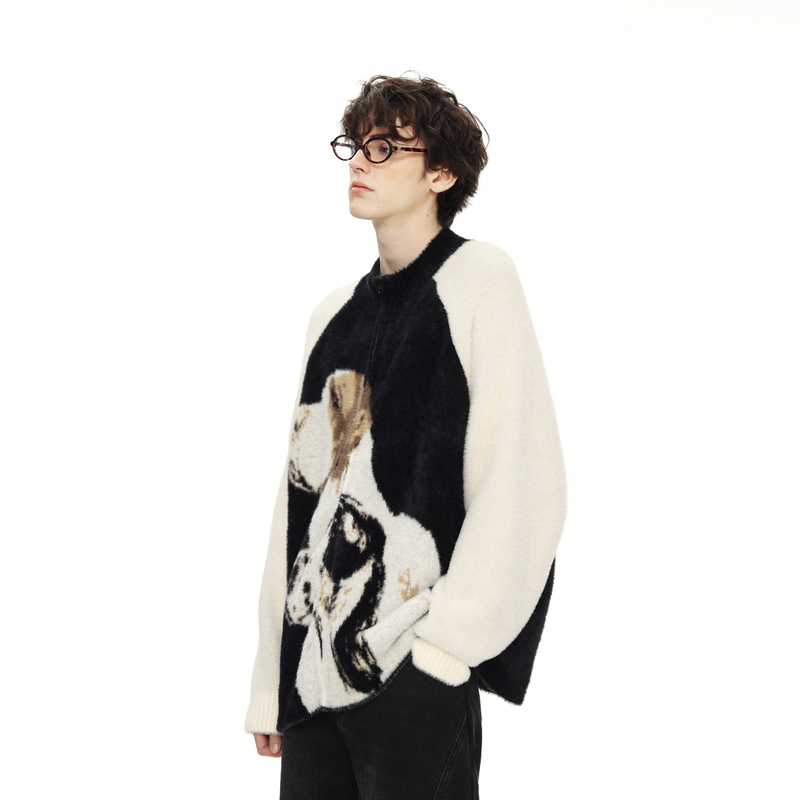 Ixoh Imitation Mink Fur Puppy Jacquard Cardigan Sweater Jacket for Men, Autumn Lazy Style, High-End Color-Blocking Knitwear for Couples Ixoh Imitation Mink Fur Puppy Jacquard Cardigan Sweater Jacket for Men, Autumn Lazy Style, High-End Color-Blocking Knitwear for Couples