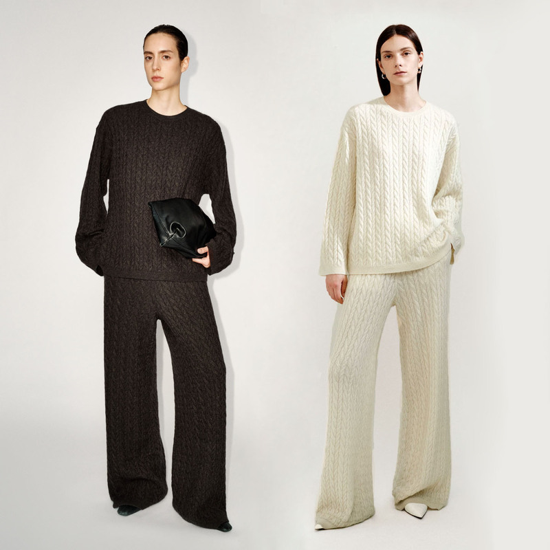 Chicjoc Retro Cable Knit Pure Cashmere_Nordic Style Relaxed Round/Half Turtleneck Silhouette Sweater/Air Pants