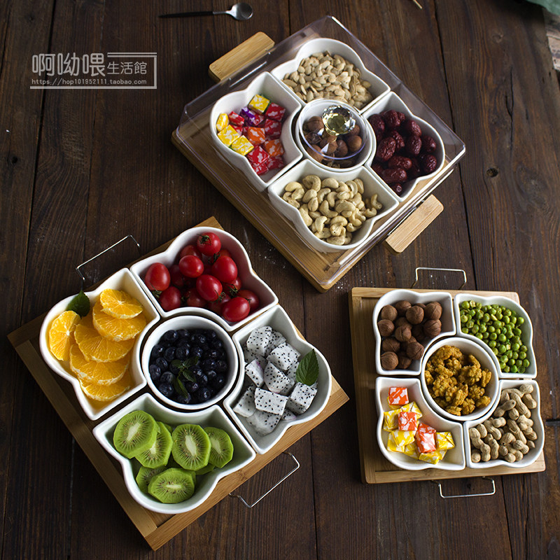 Japanese-style pure white ceramic divided fruit plate snack snack plate with tray cover partition gift nut plate to send fruit fork