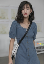 Japans SLY THOM denim dress womens retro short-sleeved spring thin section slim slim a-line skirt