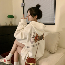 Japanese SLY cute front and back cartoon printed loose with cap sweatshirt pocket jacket woman fall