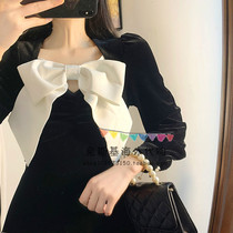 Japan SLY spring new bow black skirt vintage solid color waist slim long sleeve dress