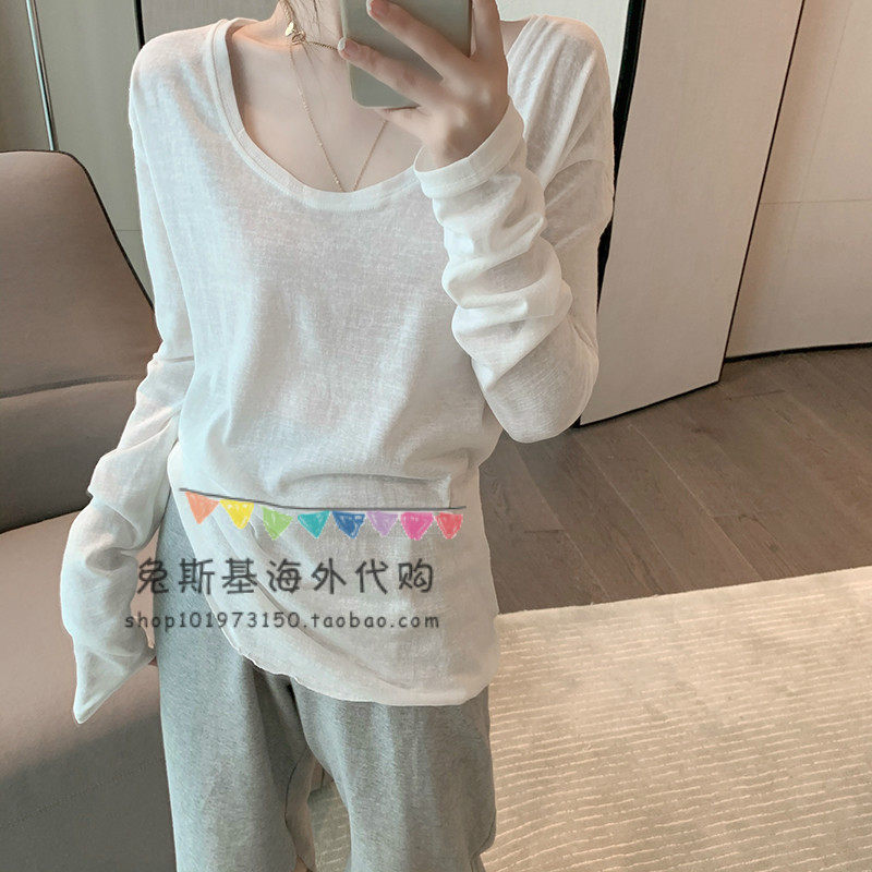Japan SLY Spring new white undershirt woman low collar loose 100 hitch a hitch long sleeve T-shirt blouse