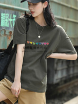 Japan SLY2021 Summer Pure Cotton Short Sleeve Womens Army Green T-Shirt Woman New Loose Pure Color Beat Base Blouse