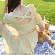 Japans SLY THOM summer new square collar light yellow long skirt backless dress slim strappy skirt