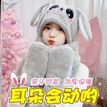 Will move rabbit ears hat winter three sets can move autumn and winter boys and girls children scarf hat gloves three pieces