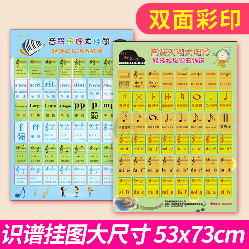 Color note music theory flip chart Easy to learn staff Children learn music theory double-sided content