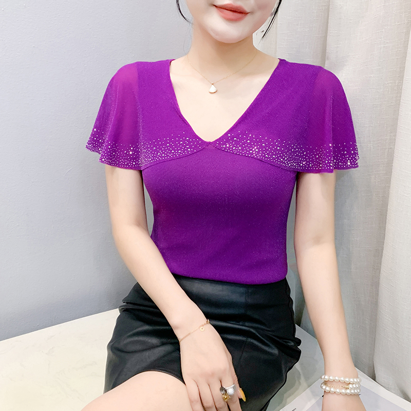 Sexy V Neck Hot Diamond T-Shirt Women's Short-Sleeved Summer Dress European Design Ruffled Mesh Top Elegant Slimming Look Shirt