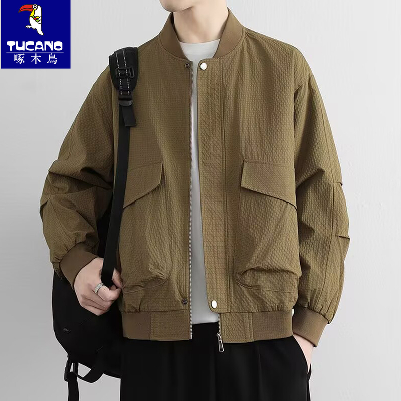 Woodpecker Korean Style Workwear Jacket for Men, Spring and Autumn Season, Loose Fit, High-End Feel, Thin Bubble Gauze Baseball Collar Jacket