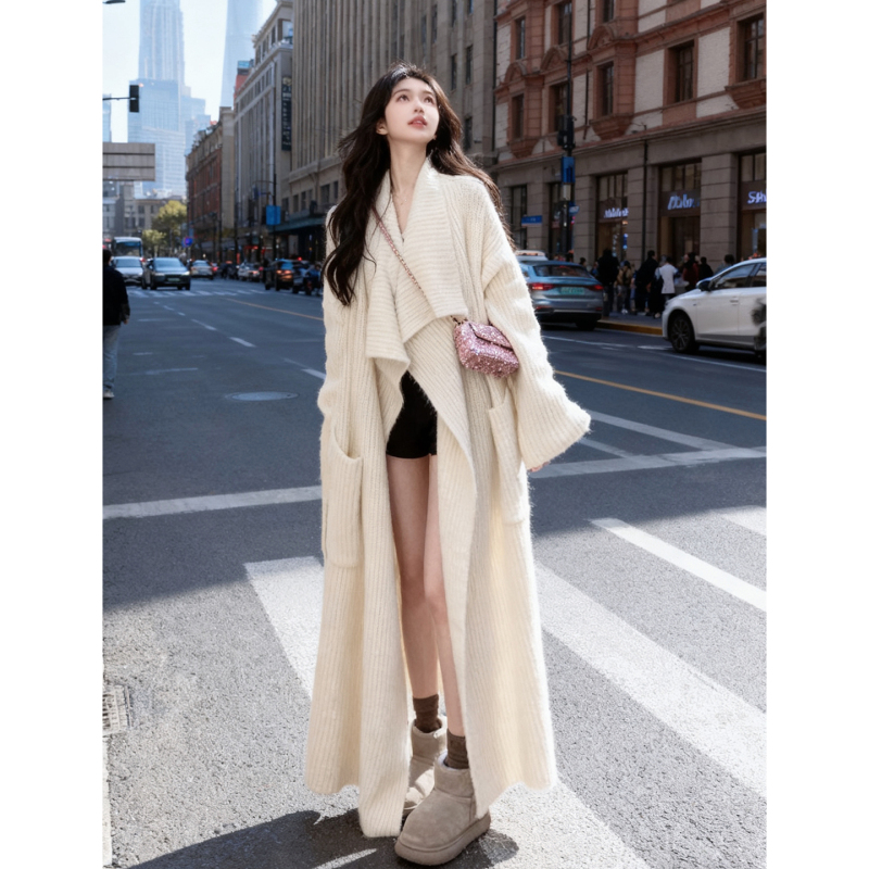 High-End Style Large Lapel Mid-Length Sweater Coat for Women, Autumn and Winter Lazy Style, Loose Fit, Tie-Up, Over-The-Knee Knitted Cardigan, Thick