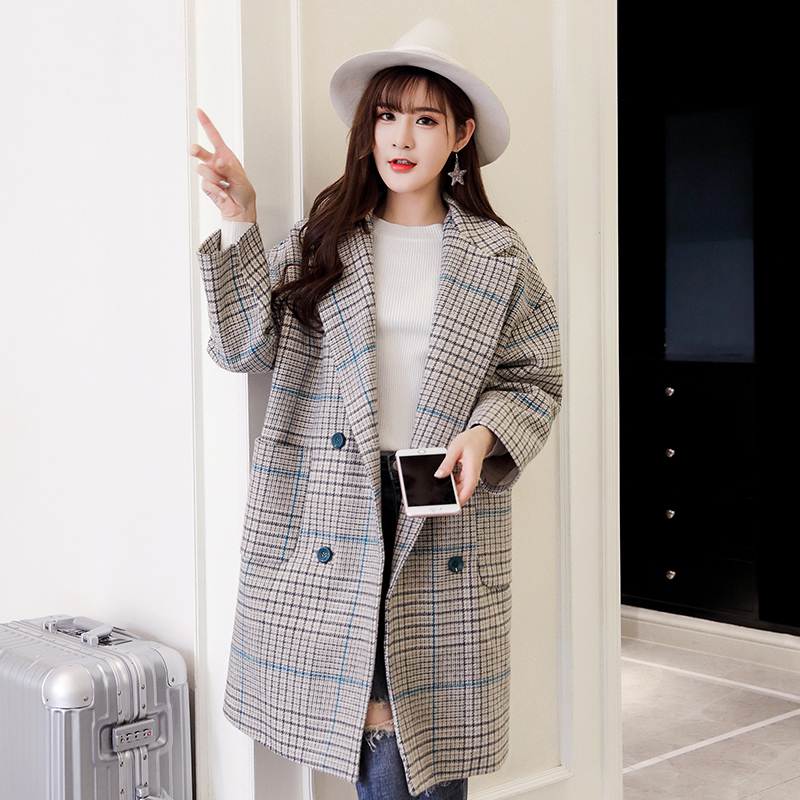 Áo khoác len nữ dài phần phiên bản Hàn Quốc 2018 thu đông mới áo khoác lửng len phổ biến houndstooth phổ biến áo khoác nữ cao cấp