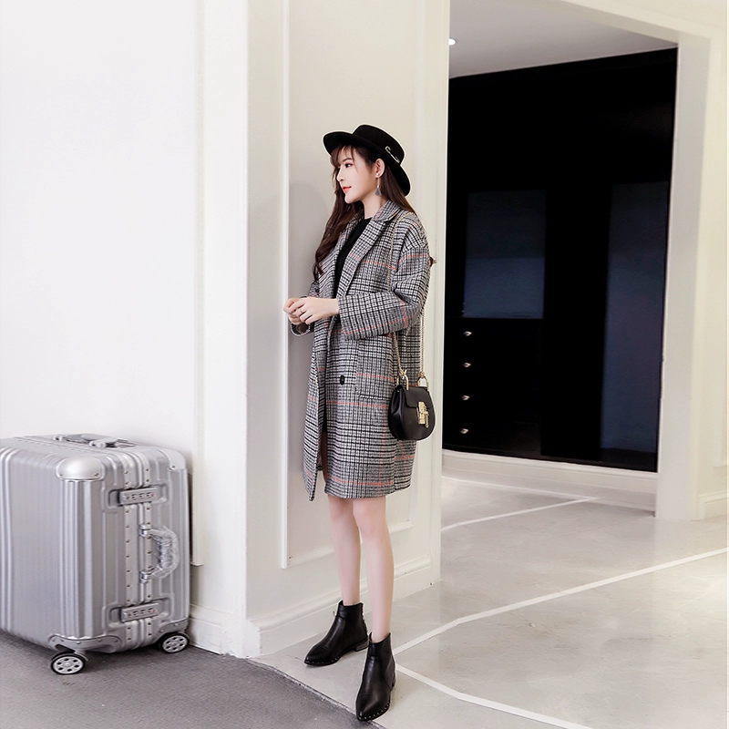 Áo khoác len nữ dài phần phiên bản Hàn Quốc 2018 thu đông mới áo khoác lửng len phổ biến houndstooth phổ biến mẫu áo khoác lông nữ đẹp