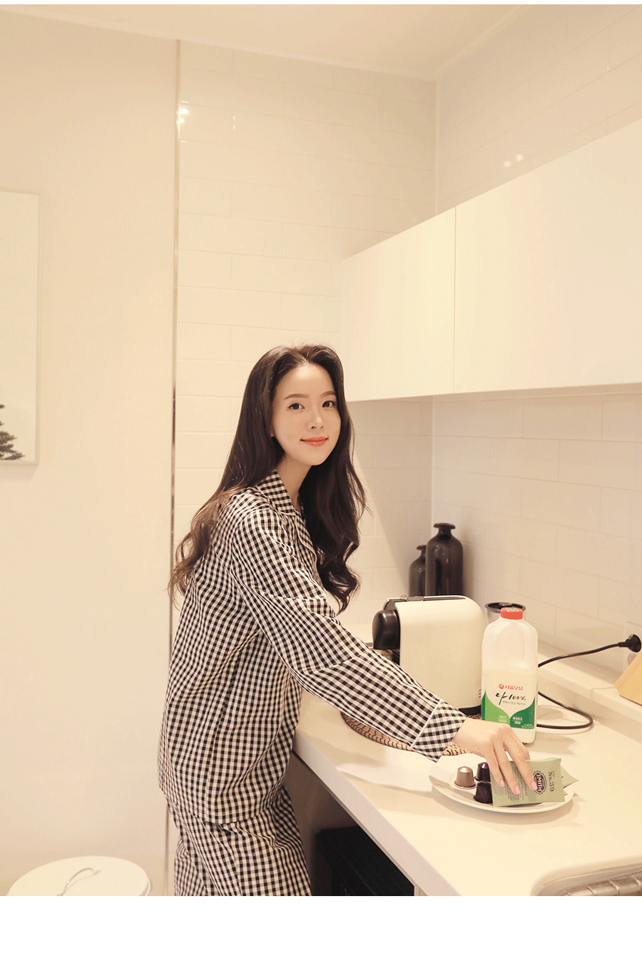 Cặp đôi đồ ngủ mùa thu dài tay áo nhỏ vuông phù hợp với nam và nữ Phiên bản tiếng Hàn của dịch vụ nhà giản dị lưới đơn giản quần áo ngủ nữ