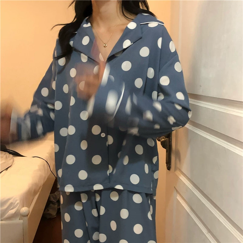 Bộ đồ ngủ chấm bi nữ mùa thu Hàn Quốc in dấu chấm in quần dài tay phù hợp với áo len ngọt ngào giản dị phục vụ nhà mùa xuân thời trang công sở