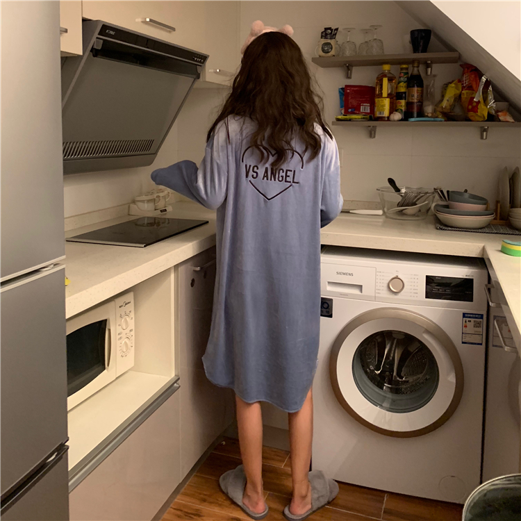 Bộ đồ ngủ nhung cho nữ mùa thu và mùa đông sang trọng áo dài dài phiên bản Hàn Quốc của dịch vụ áo len tay dài thư ngọt ngào có thể mặc đầm nữ đẹp