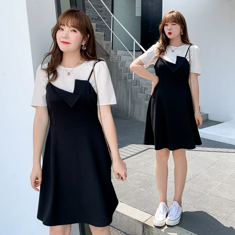2020 micro fat plus size phụ nữ Hàn Quốc giản dị plus size áo thun ngắn tay không đều + váy dây treo váy hai mảnh - váy đầm