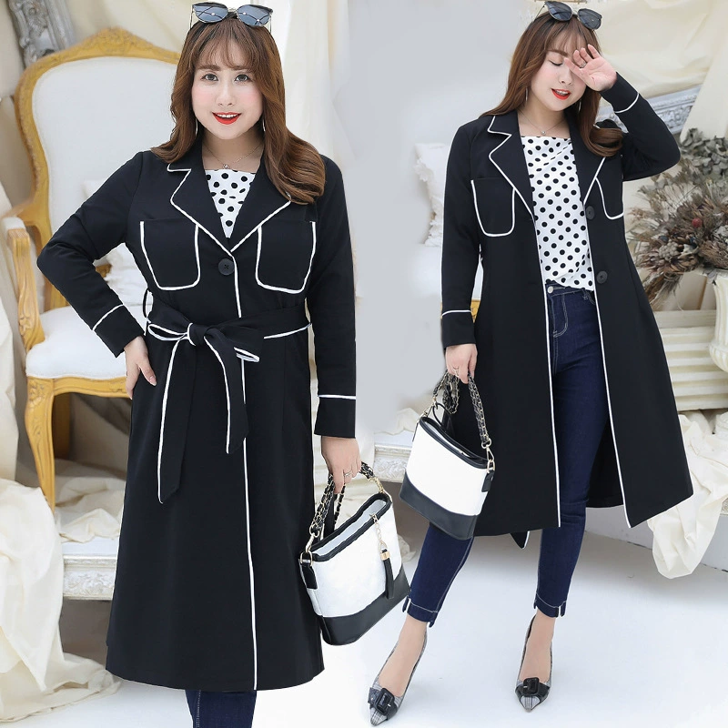 200 catties mặc cộng với kích thước của phụ nữ béo chị gái áo khoác thời trang mùa xuân áo gió phong cách nước ngoài áo khoác dài giữa màu đen hở đường - Trench Coat