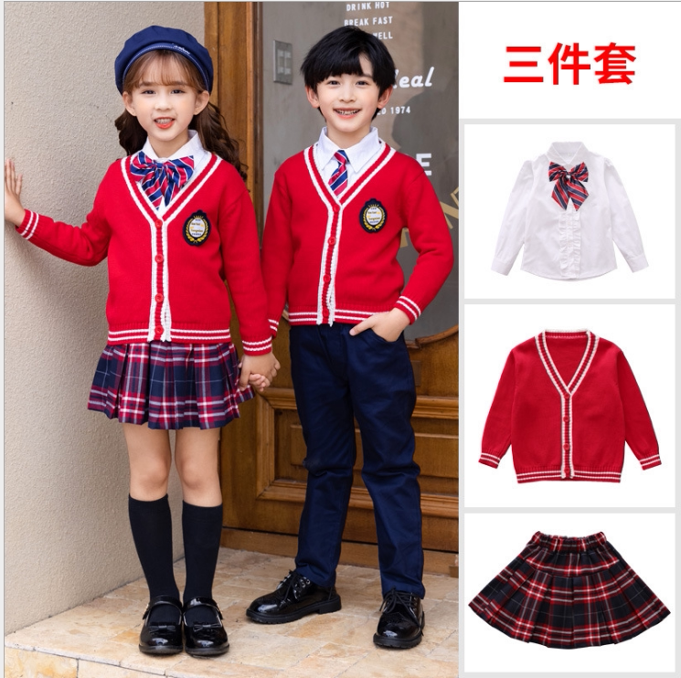 Spring and Autumn suit universal red British college style three-piece single-breasted cardigan jacket kindergarten uniform school uniform