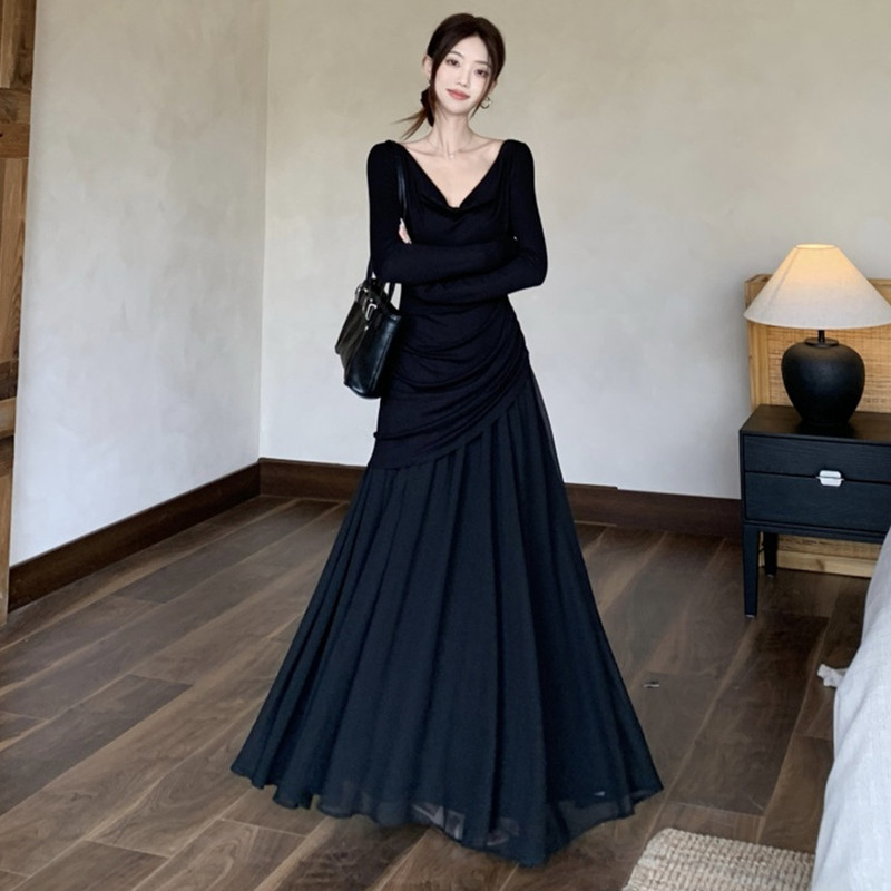 Hepburn-Style Patchwork Elegant Dress, New Autumn and Winter Plus-Size French High-End Slimming Waist-Cinching Black Long Dress